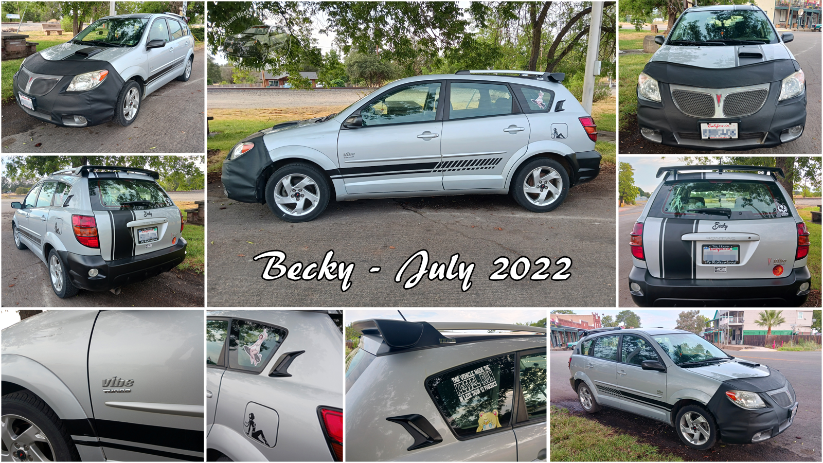 A collage of Becky in July, 2022: her racing stripe and spoiler have been added, and decals have been added or changed.