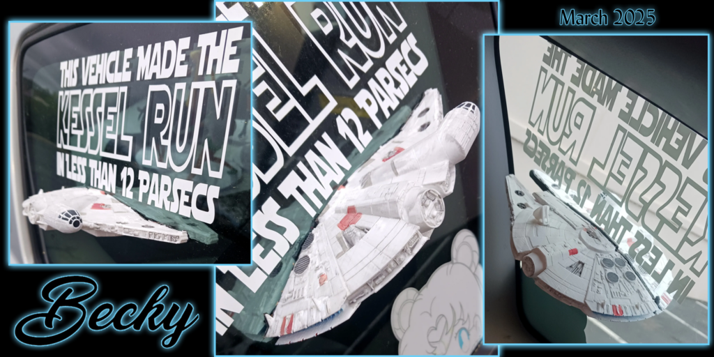 Becky's recently installed 3D print of the Millennium falcon: printed in 2 pieces and attached to the inside and outside of the window